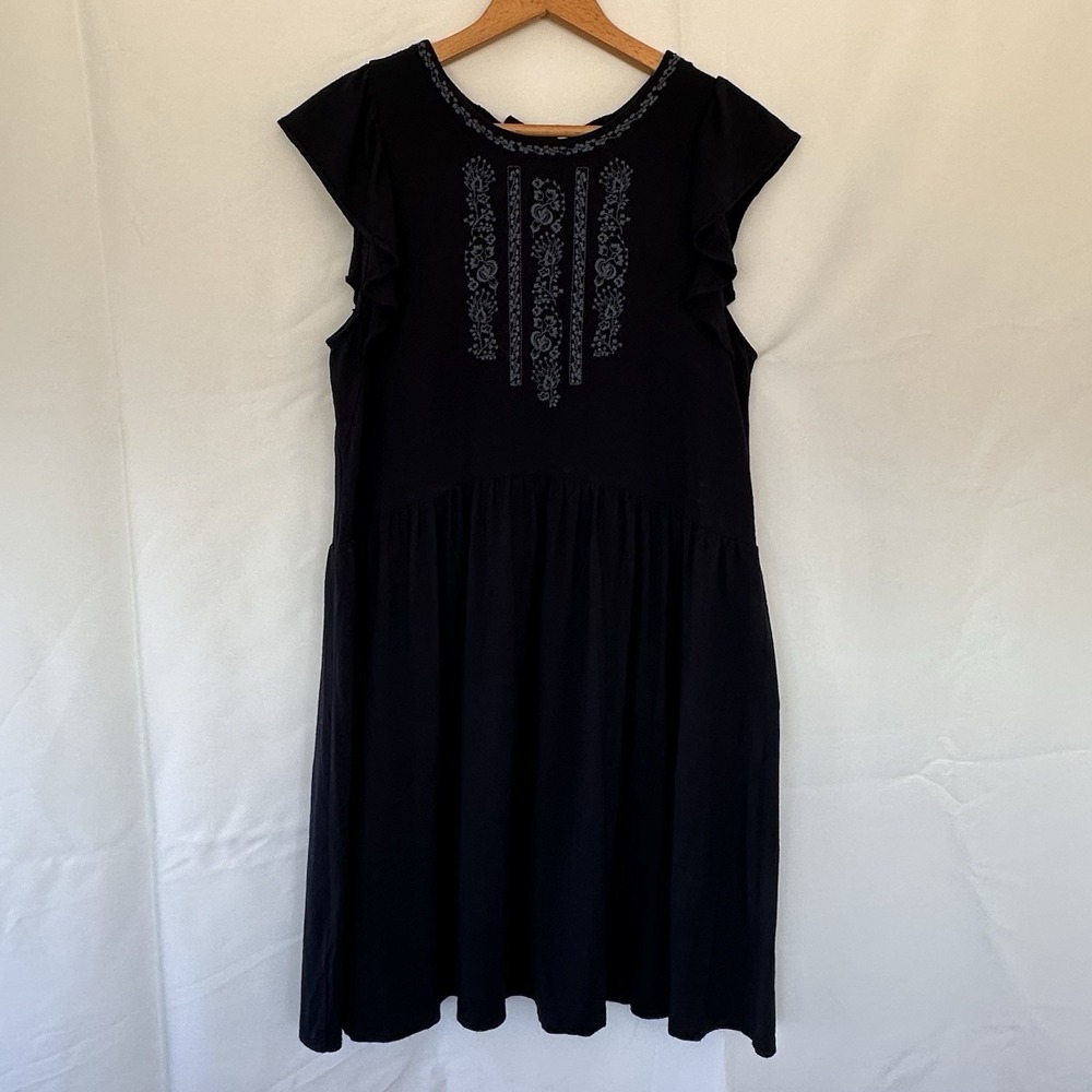 Loft Cap Sleeve Embroidered Mini Dress Size XS Knit Stretch Tie Back Navy‎ Blue - Picture 2 of 7